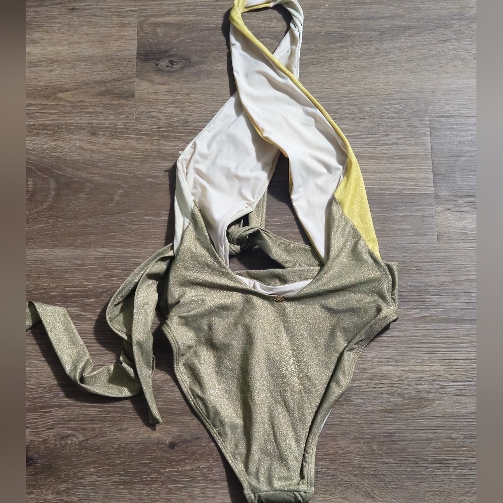 NWT PQ SWIM Alex Tricolor Halter One Piece Swimsuit Metallic Green Gold M - Picture 7 of 10